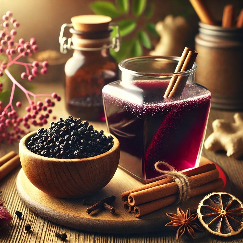 raw elderberries and elderberry syrup and ingredients.