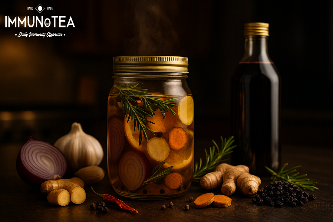 Elderberry syrup bottle beside a steaming jar of fire cider on a dark kitchen counter with ginger, garlic, onion, turmeric, and rosemary from Immunotea.
