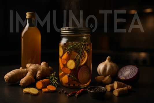 Jar of Fire Cider and raw ingredients from Immunotea.